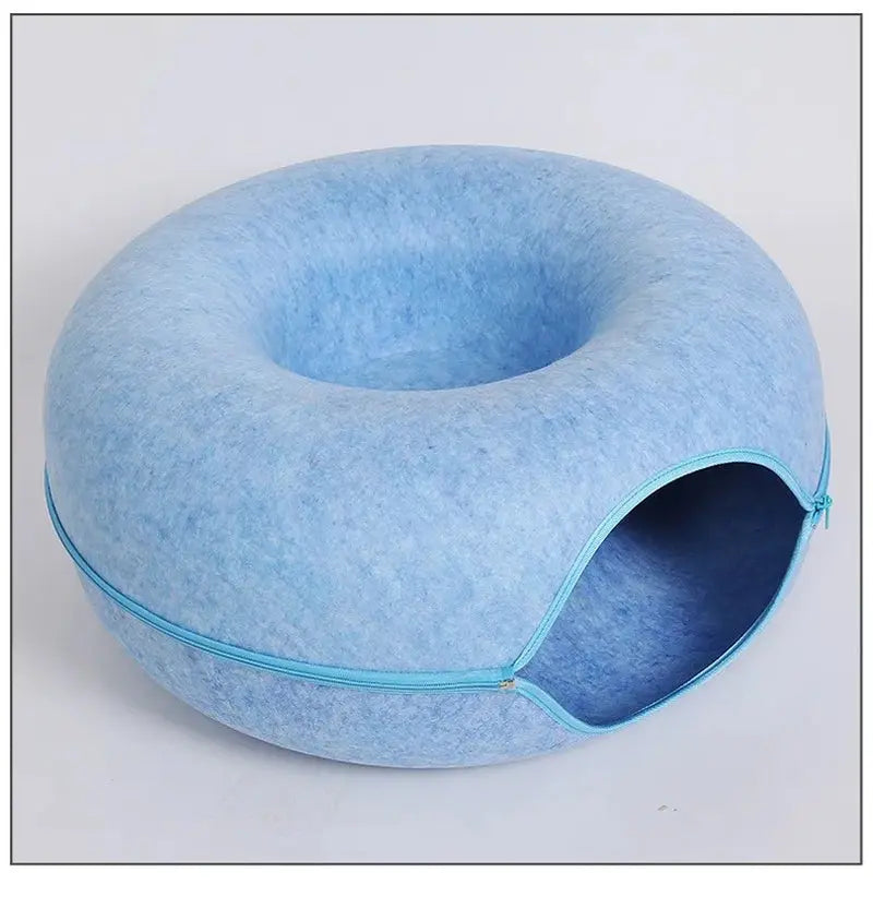 Donut Cat Tunnel Bed with Felt House – Cat Toy, Hideaway & Play Tunnel for Kittens Blue (7506782_361386) 60X27Cm (7506782_361386)