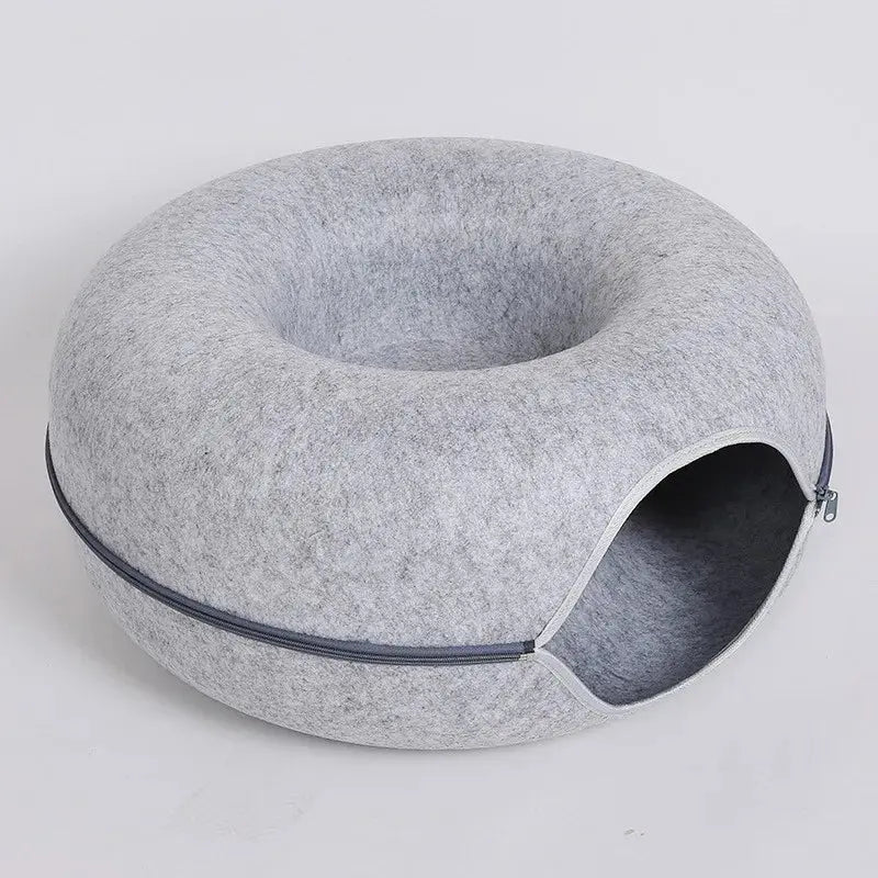 Donut Cat Tunnel Bed with Felt House – Cat Toy, Hideaway & Play Tunnel for Kittens Light Grey (1063_361386) 60X27Cm (1063_361386)
