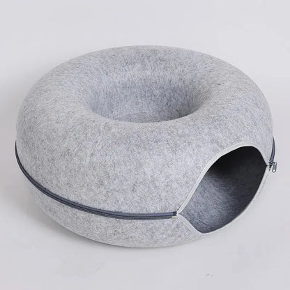 Donut Cat Tunnel Bed with Felt House – Cat Toy, Hideaway & Play Tunnel for Kittens Light Grey (1063_361386) 60X27Cm (1063_361386)