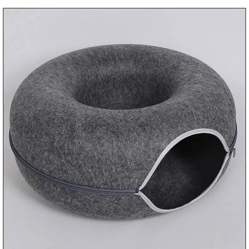 Donut Cat Tunnel Bed with Felt House – Cat Toy, Hideaway & Play Tunnel for Kittens Grey (29_361386) 60X27Cm (29_361386)