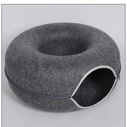 Donut Cat Tunnel Bed with Felt House – Cat Toy, Hideaway & Play Tunnel for Kittens Grey (29_361386) 60X27Cm (29_361386)
