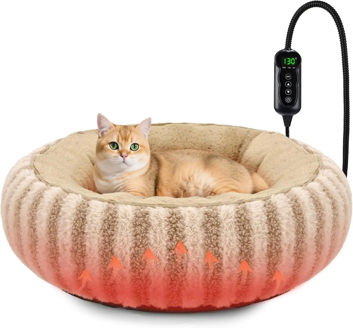 Donut Indoor Heated Cat Bed with Timer & Temperature Control, Washable, 20" Brown