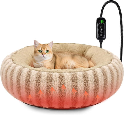 Donut Indoor Heated Cat Bed with Timer & Temperature Control, Washable, 20" Brown