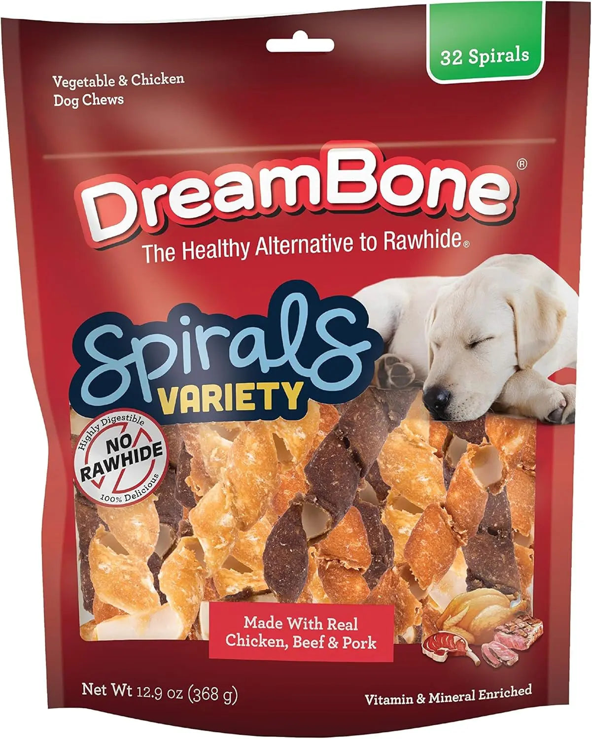 DreamBone Spirals Variety Pack | Rawhide-Free Chews with Real Meat Chicken Beef Pork 12.9 Ounce (Pack Of 1)