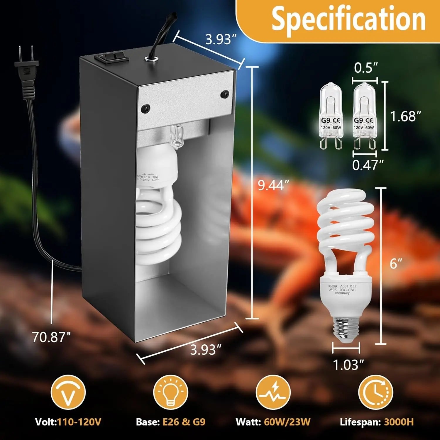 Dual Reptile Heat Lamp Fixture 23W UVB 10.0 2x60W Basking Bulbs Max 90W
