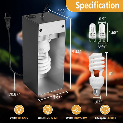 Dual Reptile Heat Lamp Fixture 23W UVB 10.0 2x60W Basking Bulbs Max 90W