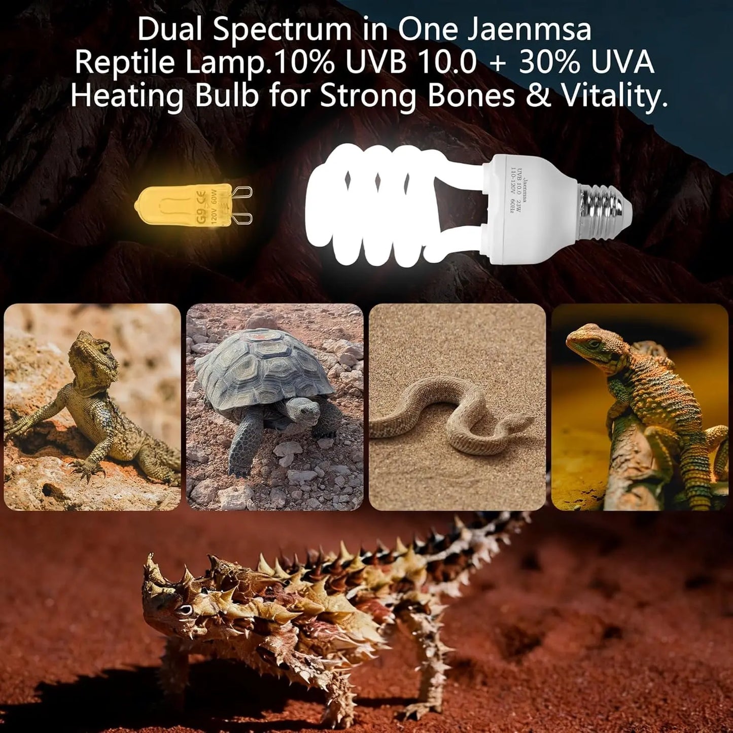 Dual Reptile Heat Lamp Fixture 23W UVB 10.0 2x60W Basking Bulbs Max 90W