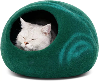 Eco-Friendly Cat Cave Bed – Handmade 100% Merino Wool Felt Hideout for Cats & Kittens Emerald