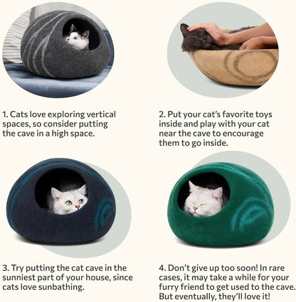 Eco-Friendly Cat Cave Bed – Handmade 100% Merino Wool Felt Hideout for Cats & Kittens