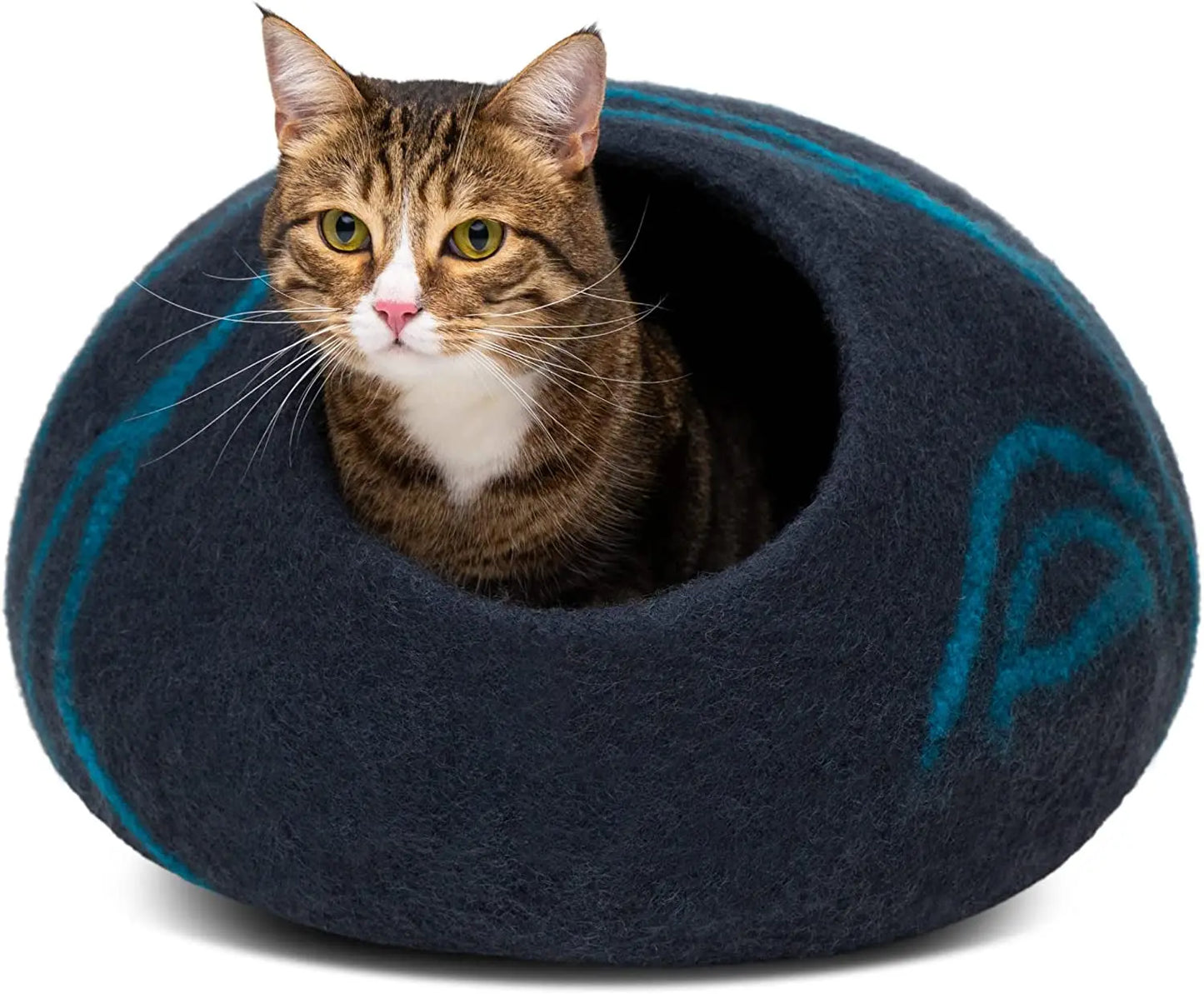Eco-Friendly Cat Cave Bed – Handmade 100% Merino Wool Felt Hideout for Cats & Kittens Black Aqua Medium