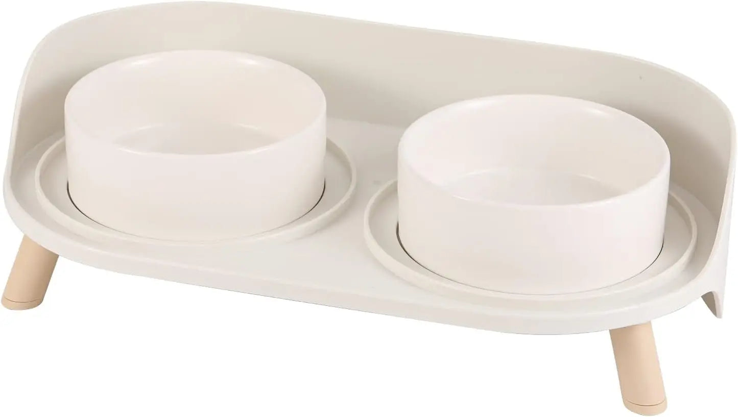 Elevated Ceramic Cat & Dog Bowl Set with Splash Guard, Non-Slip Stand (2x480ml) White Small