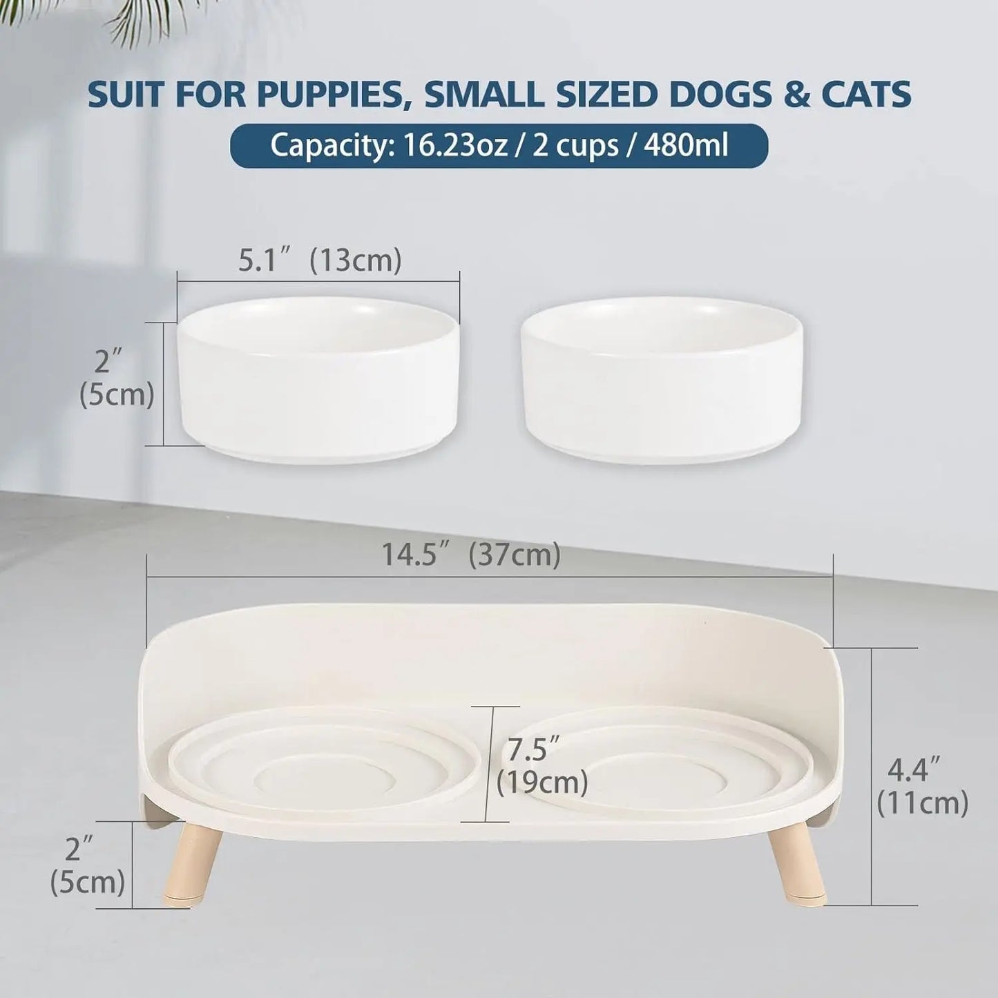 Elevated Ceramic Cat & Dog Bowl Set with Splash Guard, Non-Slip Stand (2x480ml)