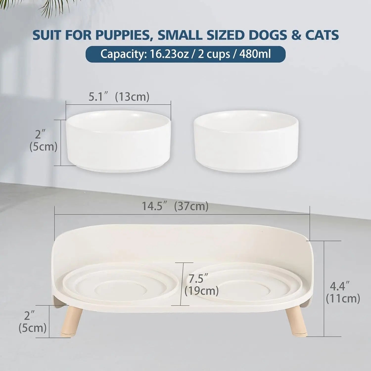 Elevated Ceramic Cat & Dog Bowl Set with Splash Guard, Non-Slip Stand (2x480ml)