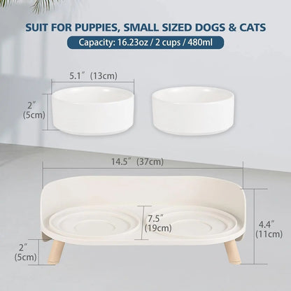 Elevated Ceramic Cat & Dog Bowl Set with Splash Guard, Non-Slip Stand (2x480ml)