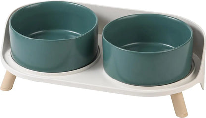 Elevated Ceramic Cat & Dog Bowl Set with Splash Guard, Non-Slip Stand (2x480ml) Green Medium