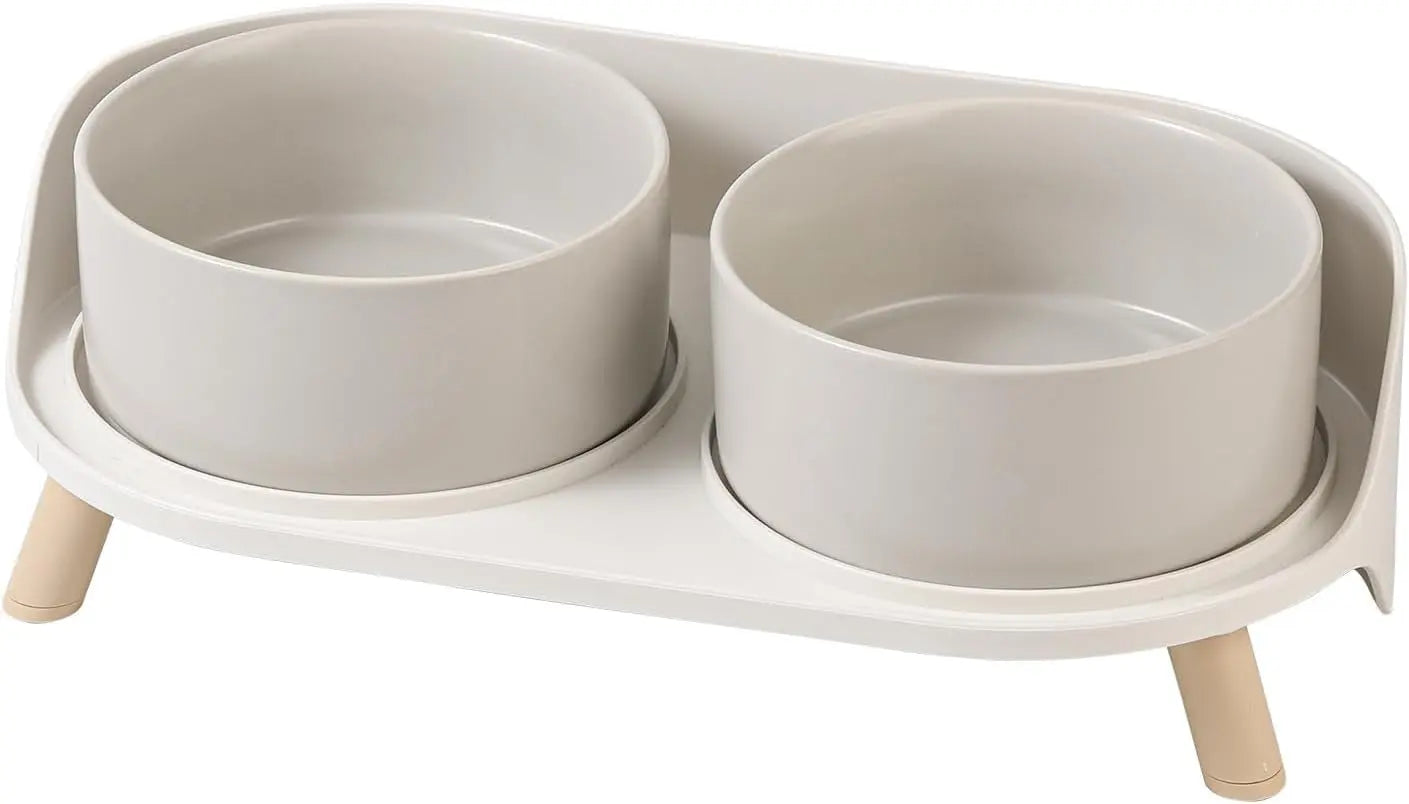 Elevated Ceramic Cat & Dog Bowl Set with Splash Guard, Non-Slip Stand (2x480ml) Grey Medium
