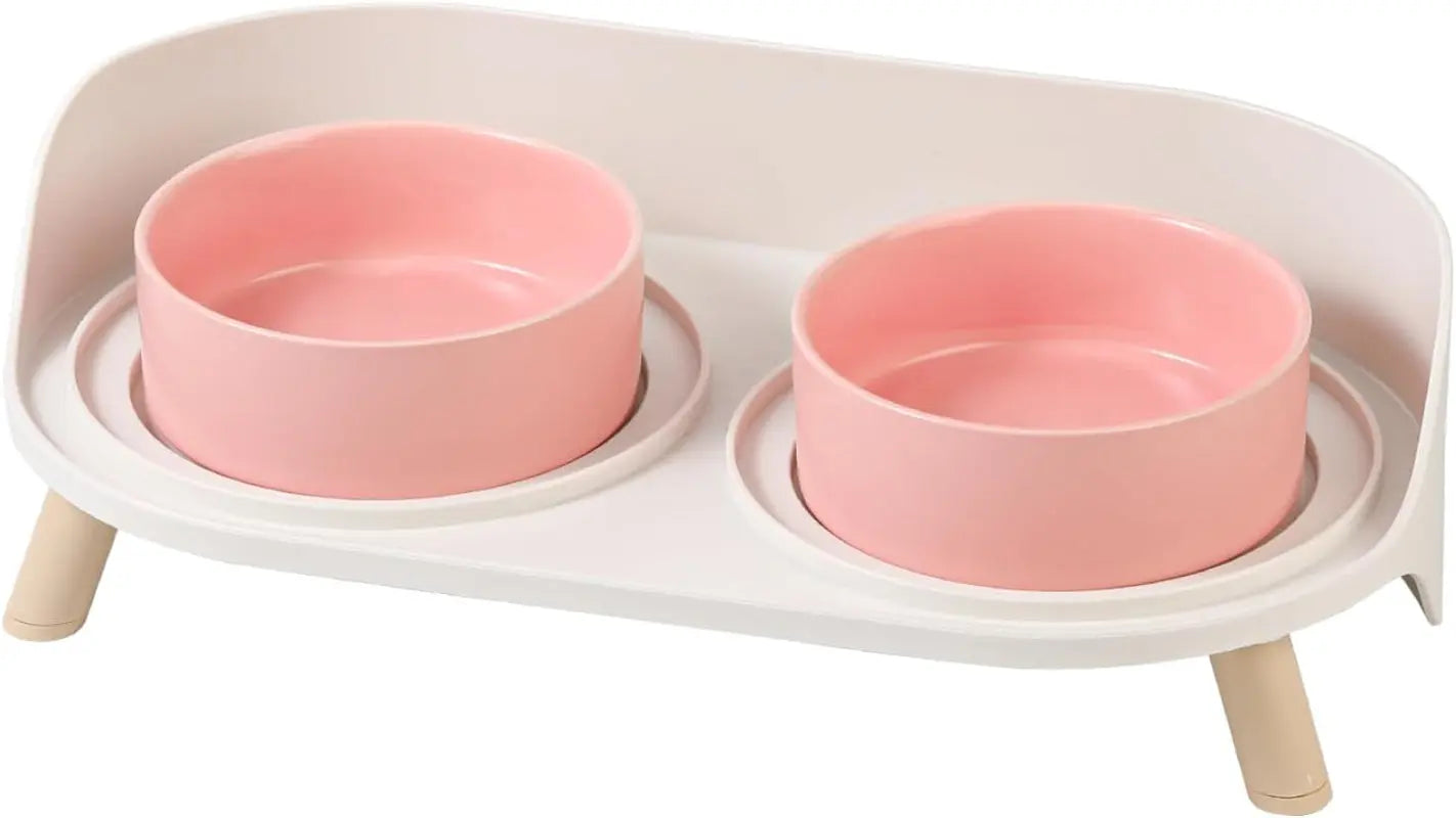 Elevated Ceramic Cat & Dog Bowl Set with Splash Guard, Non-Slip Stand (2x480ml) Pink Small