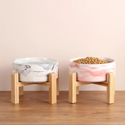 Elevated Ceramic Dog Bowl with Wood Stand | Modern Porcelain (6” & 8”)