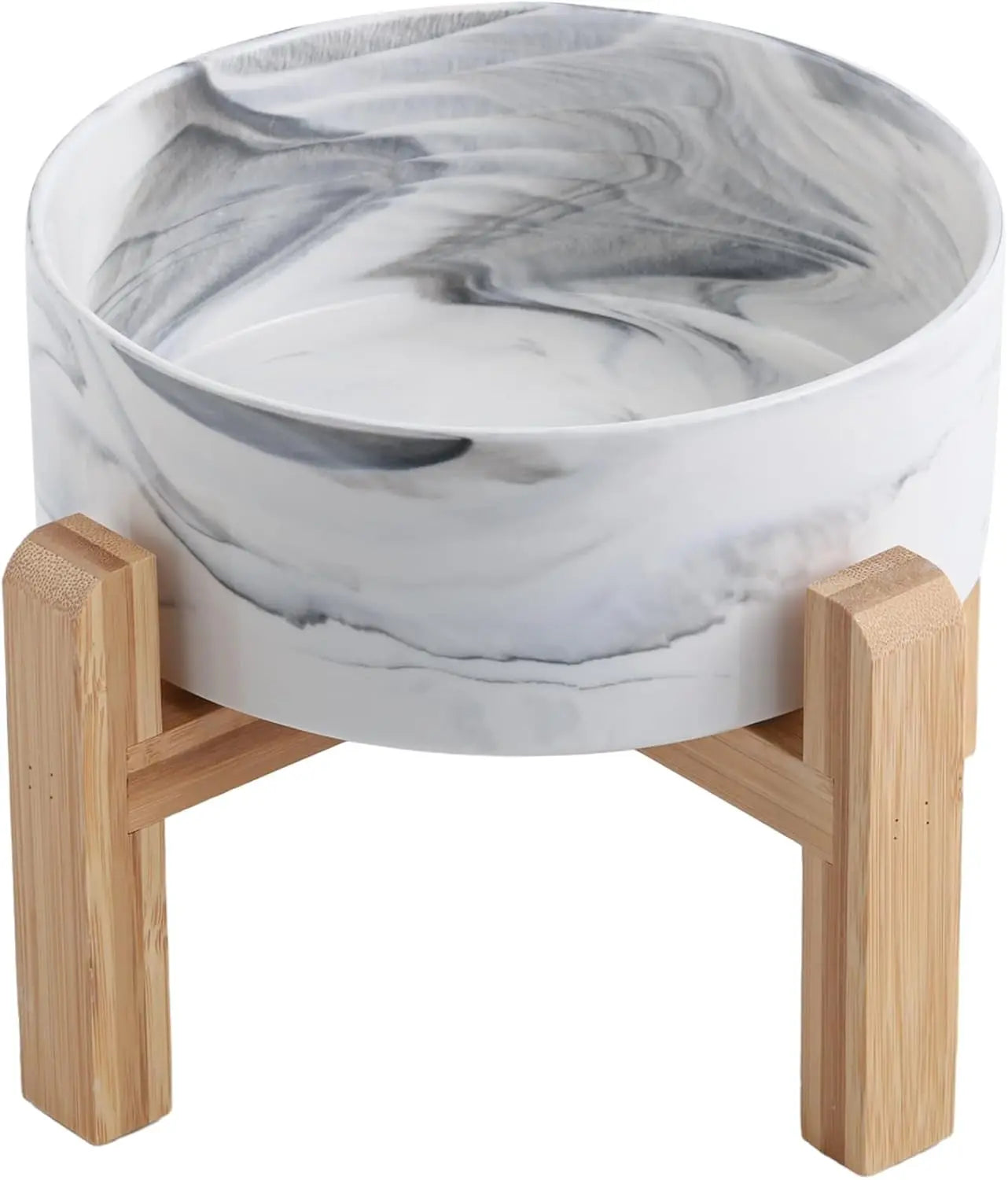 Elevated Ceramic Dog Bowl with Wood Stand | Modern Porcelain (6” & 8”) Marble Grey