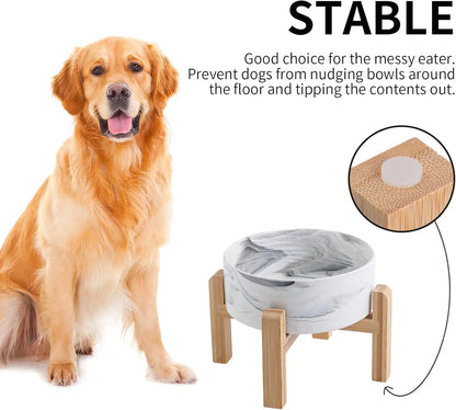Elevated Ceramic Dog Bowl with Wood Stand | Modern Porcelain (6” & 8”)