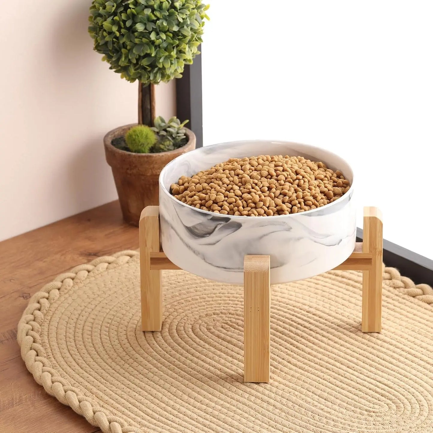 Elevated Ceramic Dog Bowl with Wood Stand | Modern Porcelain (6” & 8”)