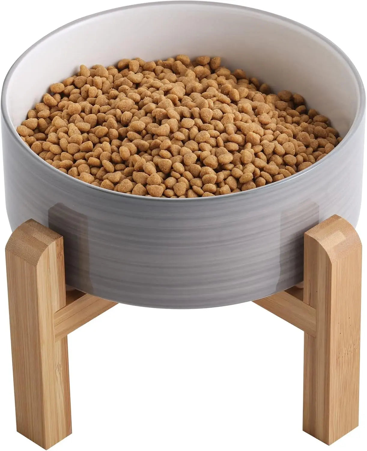 Elevated Ceramic Dog Bowl with Wood Stand | Modern Porcelain (6” & 8”) Grey White 8 Inch
