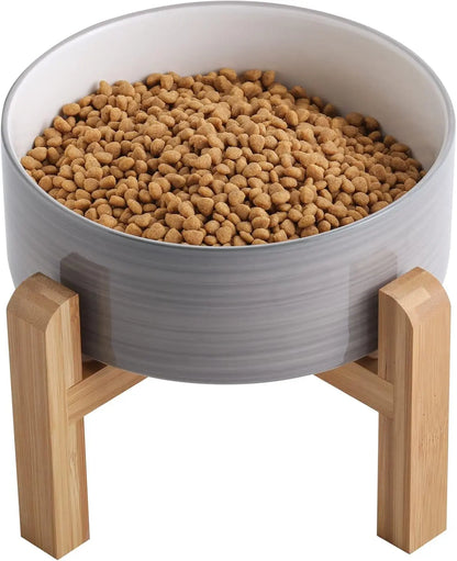 Elevated Ceramic Dog Bowl with Wood Stand | Modern Porcelain (6” & 8”) Grey White 8 Inch