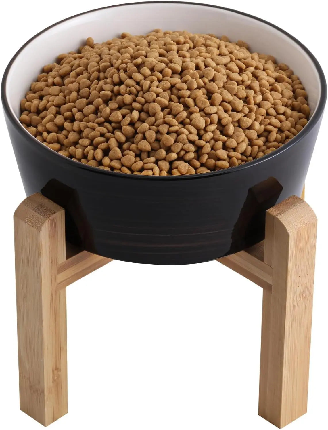 Elevated Ceramic Dog Bowl with Wood Stand | Modern Porcelain (6” & 8”) Black Wide Mouth 8 Inch