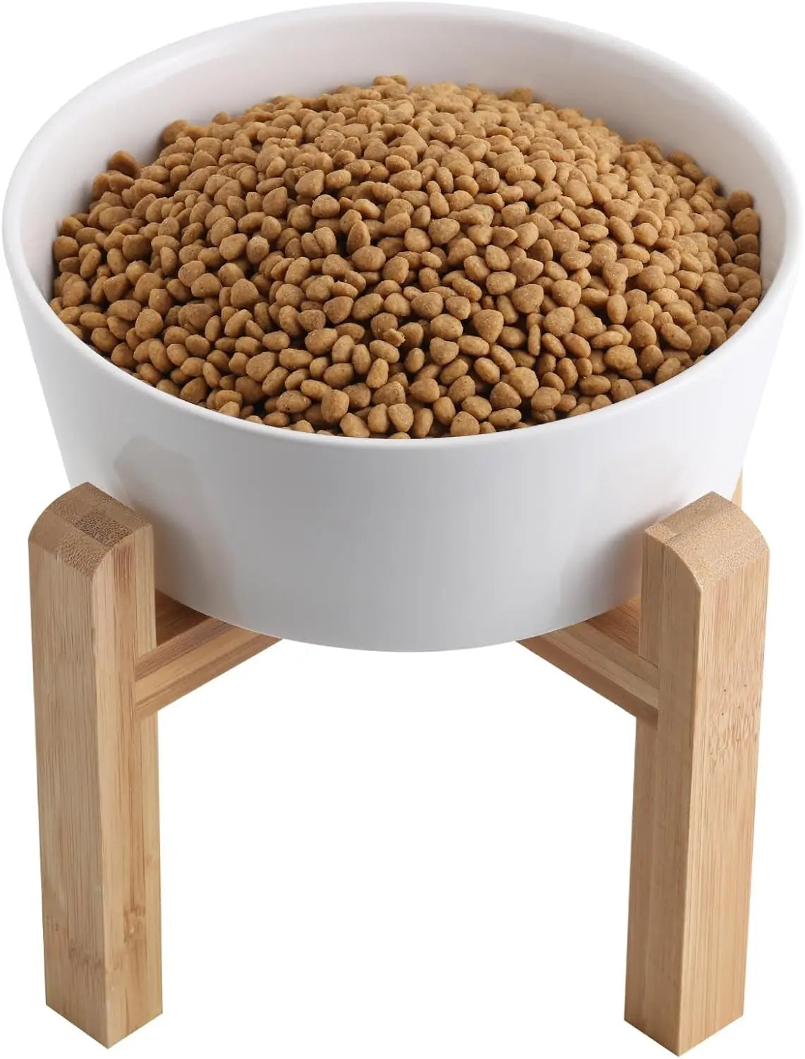 Elevated Ceramic Dog Bowl with Wood Stand | Modern Porcelain (6” & 8”) White Wide Mouth 8 Inch