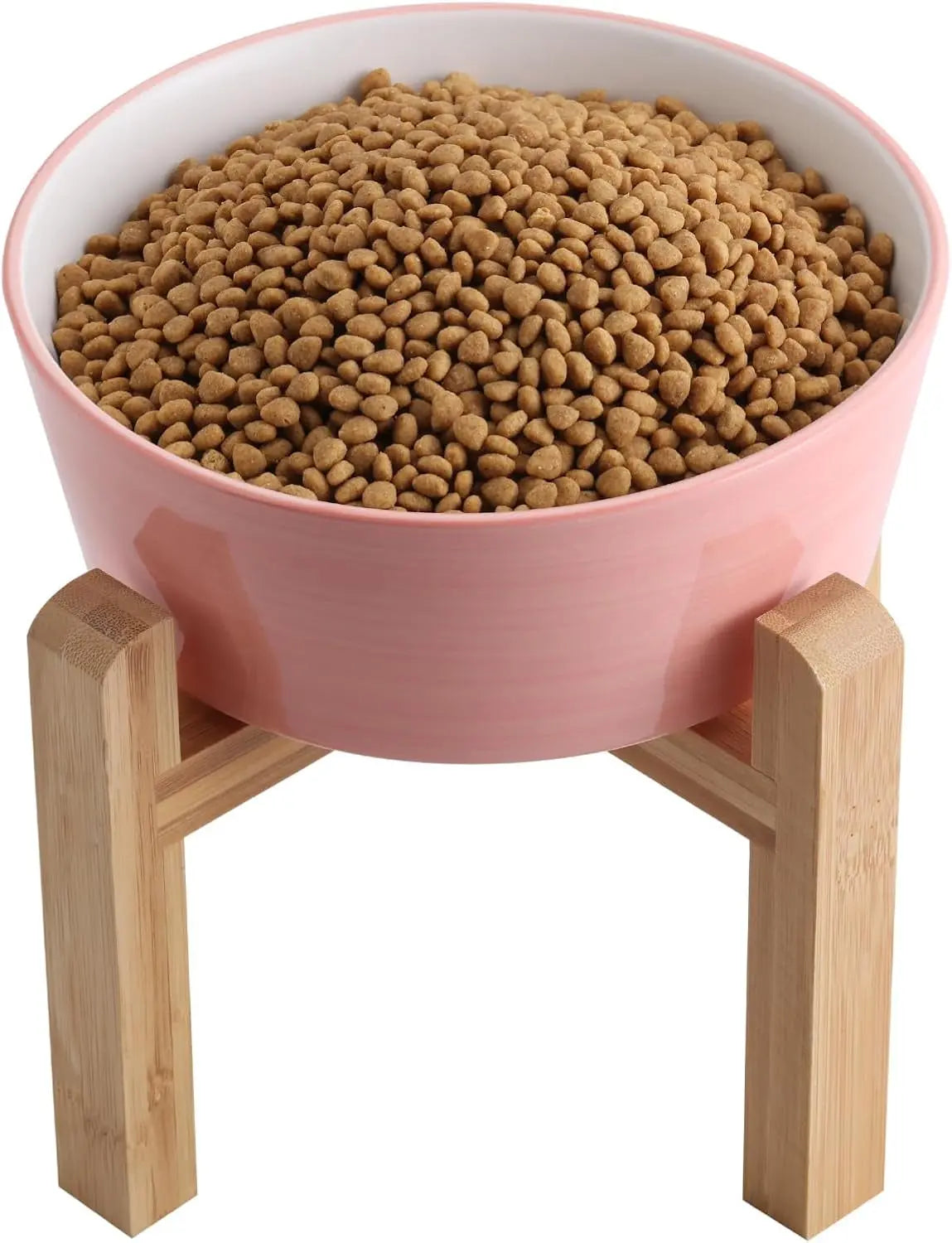 Elevated Ceramic Dog Bowl with Wood Stand | Modern Porcelain (6” & 8”) Pink Wide Mouth 8 Inch