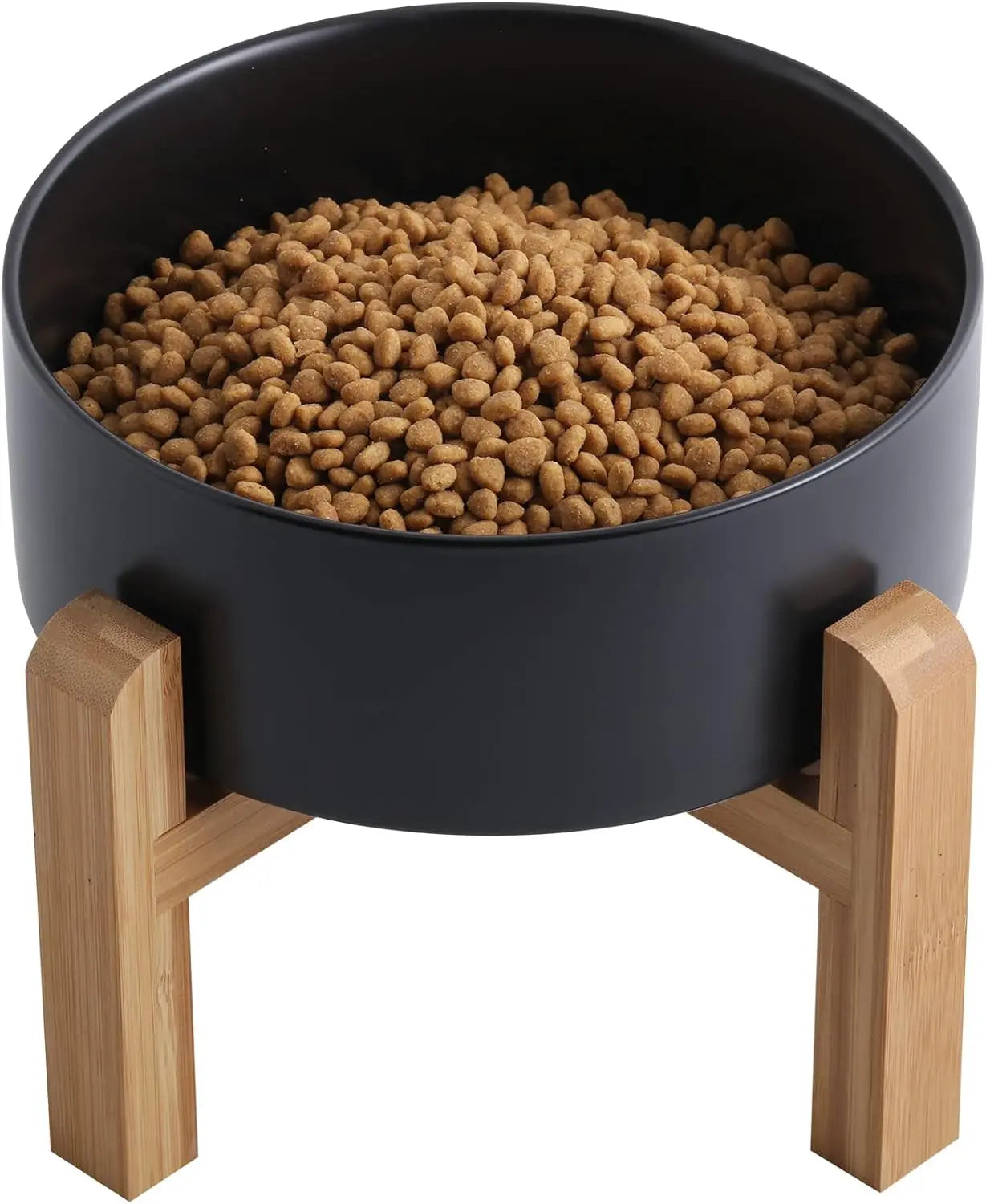 Elevated Ceramic Dog Bowl with Wood Stand | Modern Porcelain (6” & 8”) Black 8 Inch