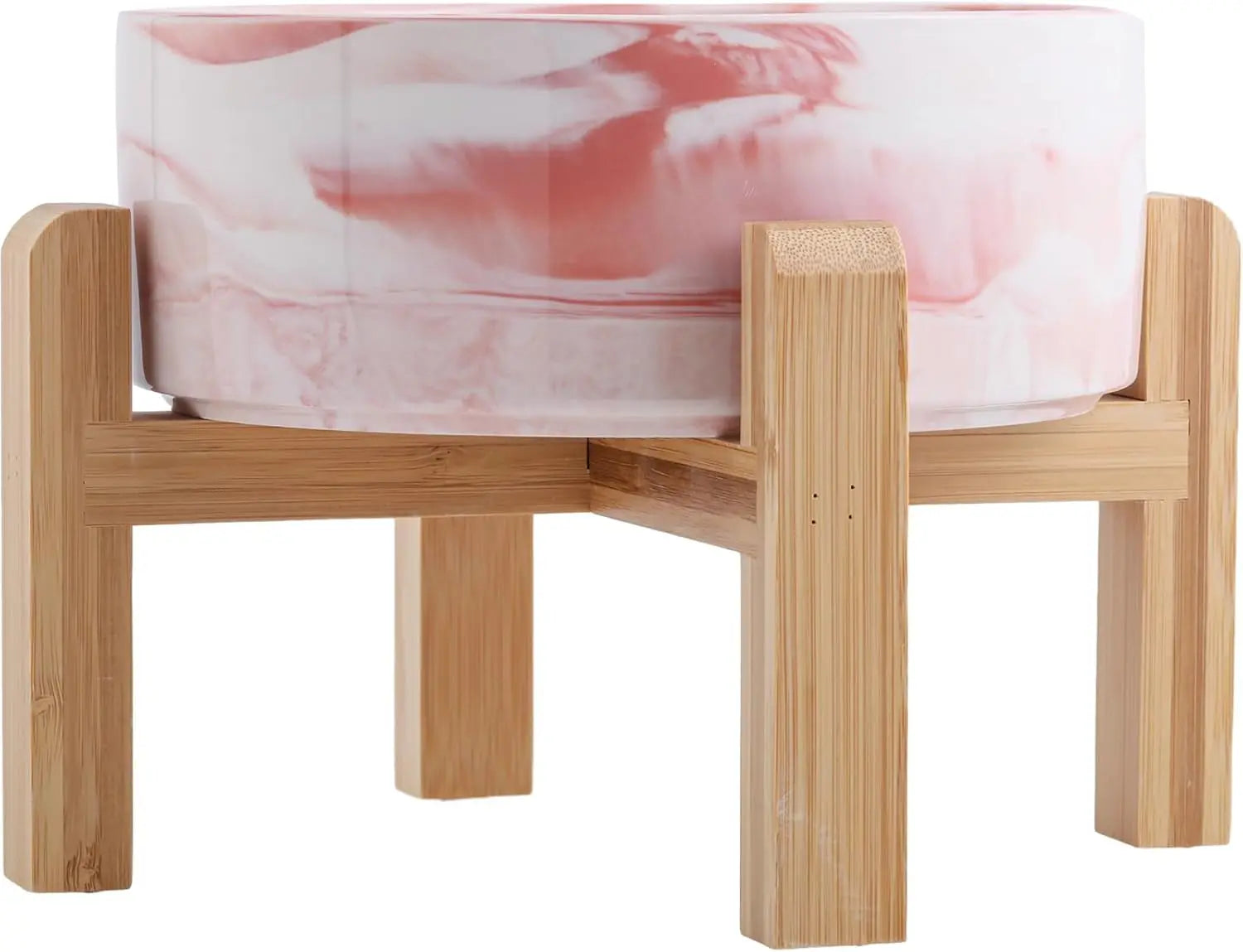 Elevated Ceramic Dog Bowl with Wood Stand | Modern Porcelain (6” & 8”) Marble Pink