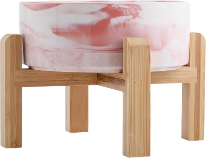 Elevated Ceramic Dog Bowl with Wood Stand | Modern Porcelain (6” & 8”) Marble Pink