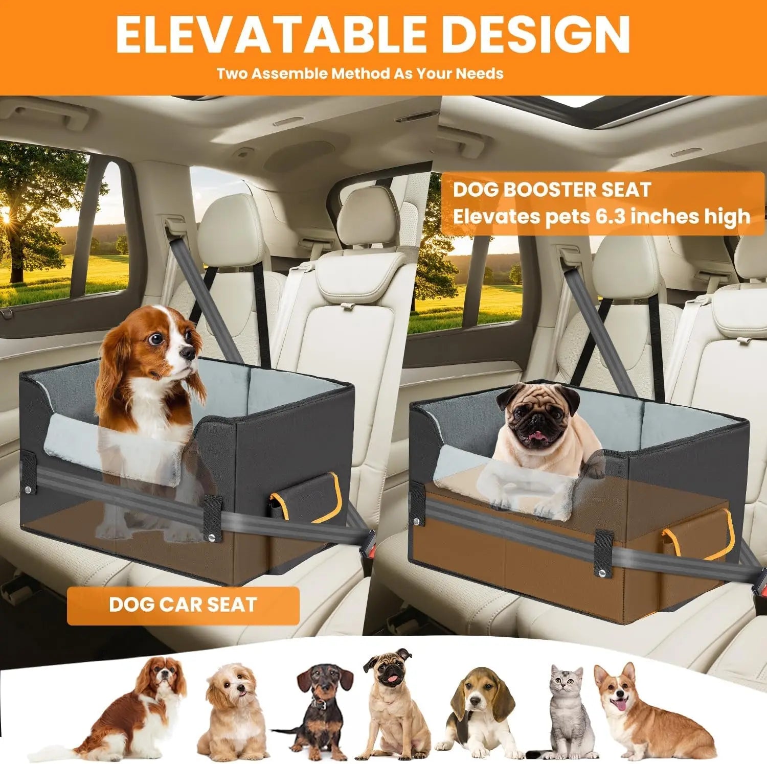 Elevated Dog Car Seat Booster Bed for Small Dogs & Cats – Travel Carrier Seat