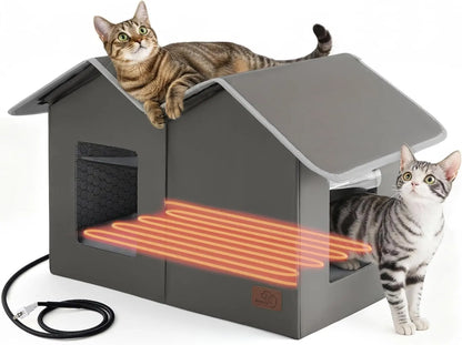 Extra Wide Heated Outdoor Cat House Waterproof Winter Shelter for Cats Heated Polyester