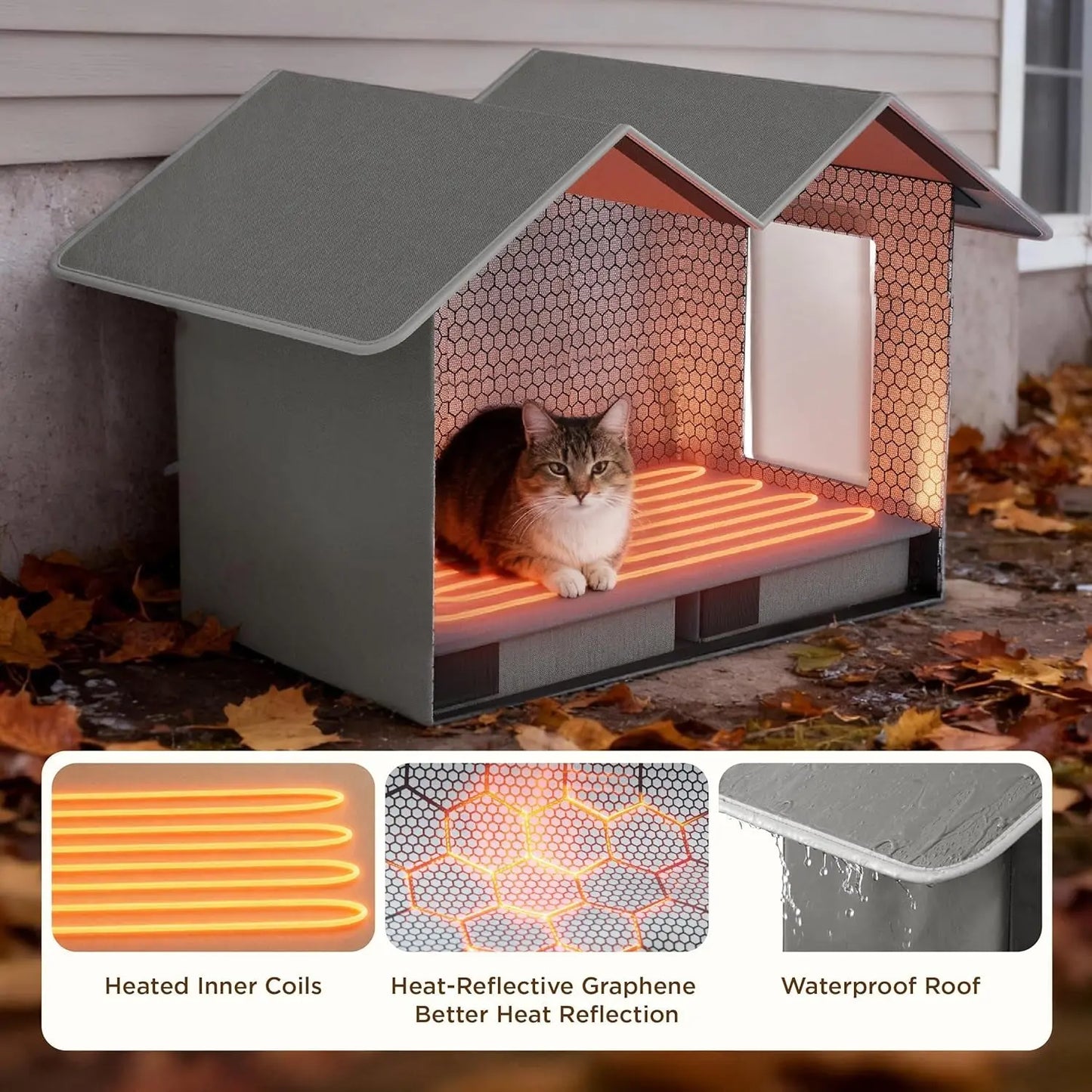 Extra Wide Heated Outdoor Cat House Waterproof Winter Shelter for Cats