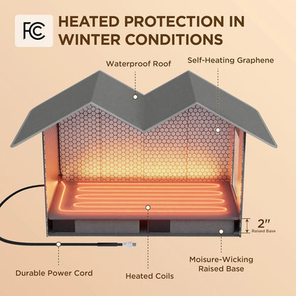 Extra Wide Heated Outdoor Cat House Waterproof Winter Shelter for Cats