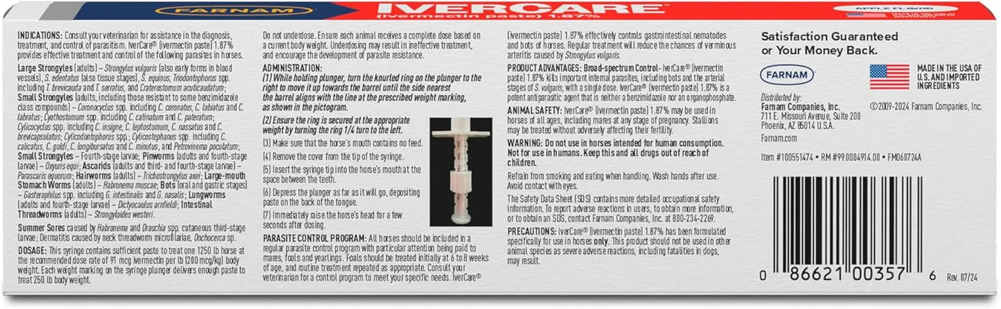 Farnam IverCare Ivermectin Paste 1.87% Horse Dewormer Apple Flavor