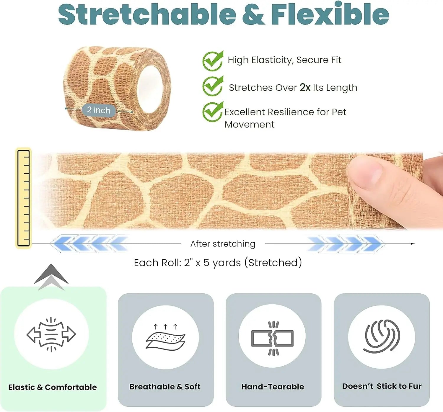 First Aid Self-Adhesive Pet Bandage Wrap 6-Pack – 2" x 5 Yards for Dogs & Cats