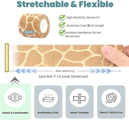 First Aid Self-Adhesive Pet Bandage Wrap 6-Pack – 2" x 5 Yards for Dogs & Cats