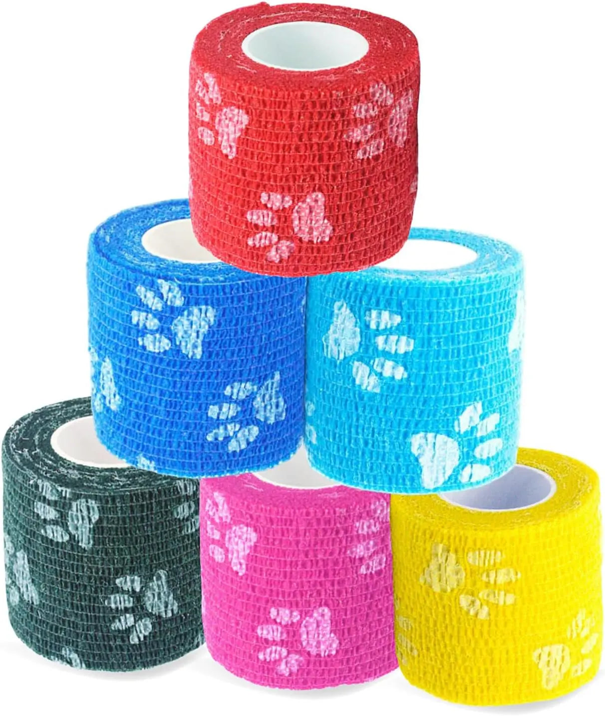 First Aid Self-Adhesive Pet Bandage Wrap 6-Pack – 2" x 5 Yards for Dogs & Cats Paw Prints 2 Inch (Pack Of 6)