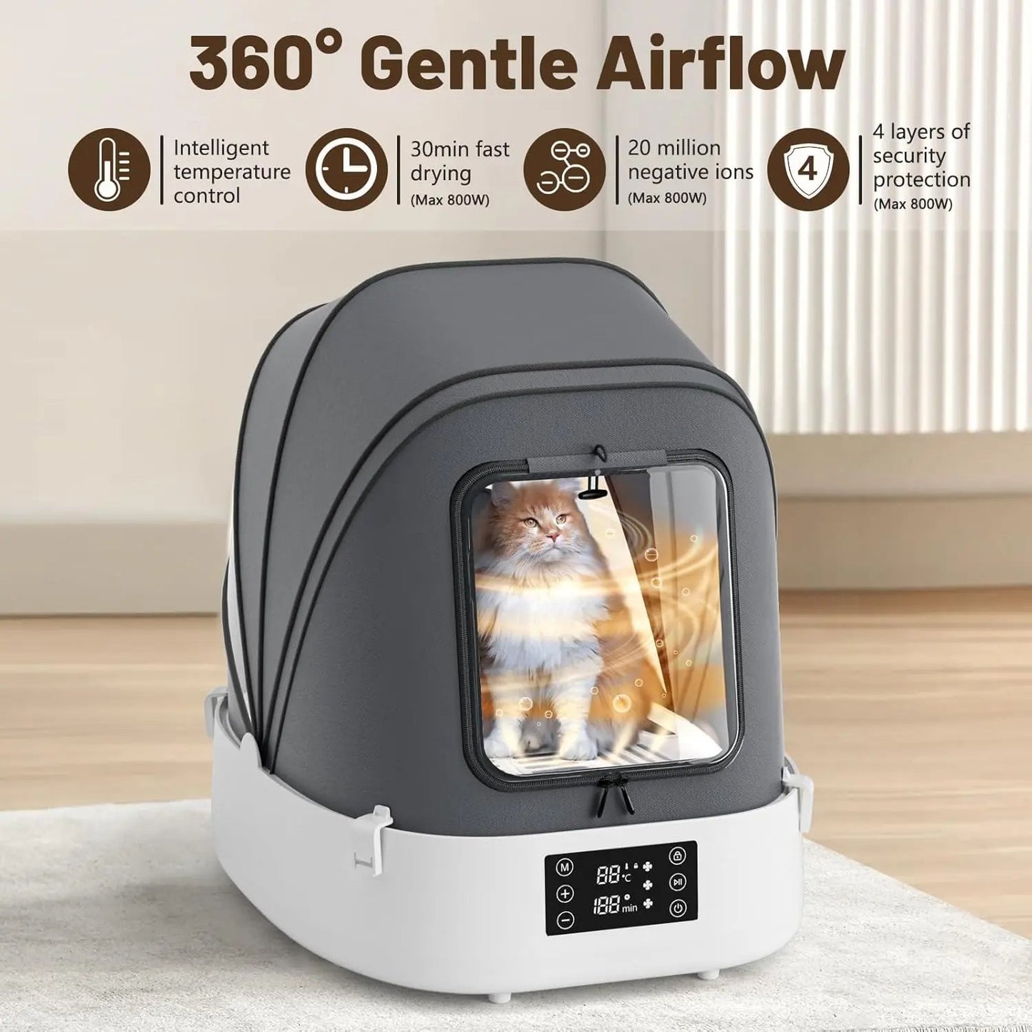 60L Automatic Foldable Pet Dryer Box 360° Airflow Grooming Blower for Dogs Cats