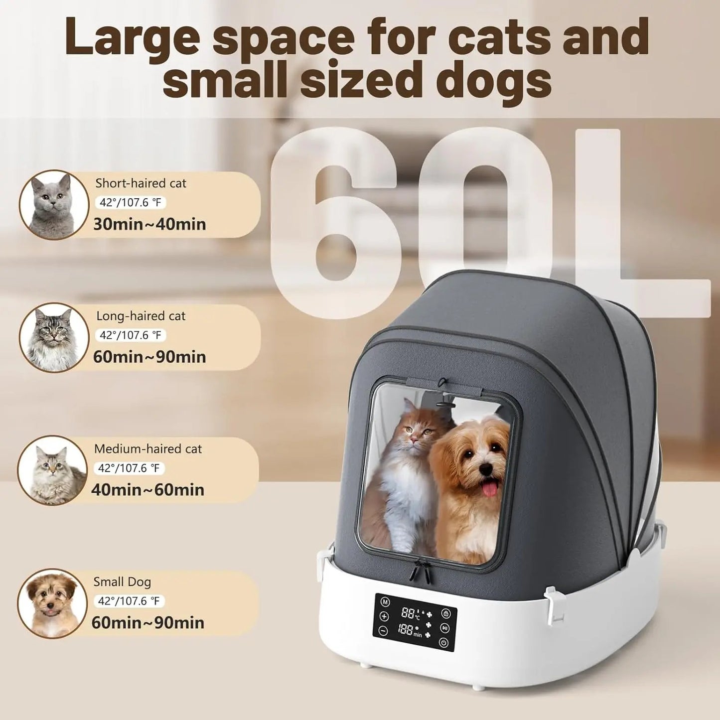 60L Automatic Foldable Pet Dryer Box 360° Airflow Grooming Blower for Dogs Cats