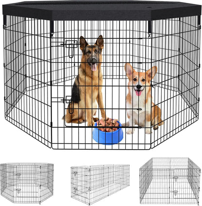Foldable Dog Playpen – Indoor/Outdoor Metal Exercise Fence for Pets & Puppies Playpen + Top Cover 8 Panels 36"H