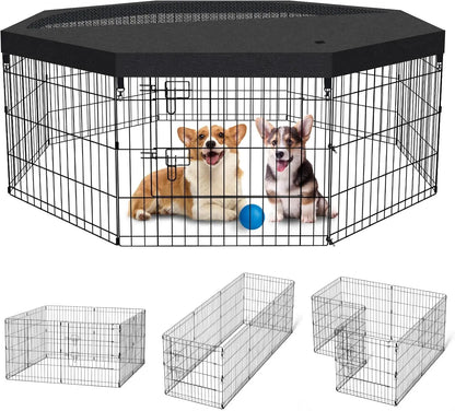 Foldable Dog Playpen – Indoor/Outdoor Metal Exercise Fence for Pets & Puppies Playpen + Top Cover 8 Panels 24"H