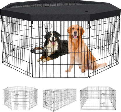Foldable Dog Playpen – Indoor/Outdoor Metal Exercise Fence for Pets & Puppies Playpen + Top Cover 8 Panels 30"H