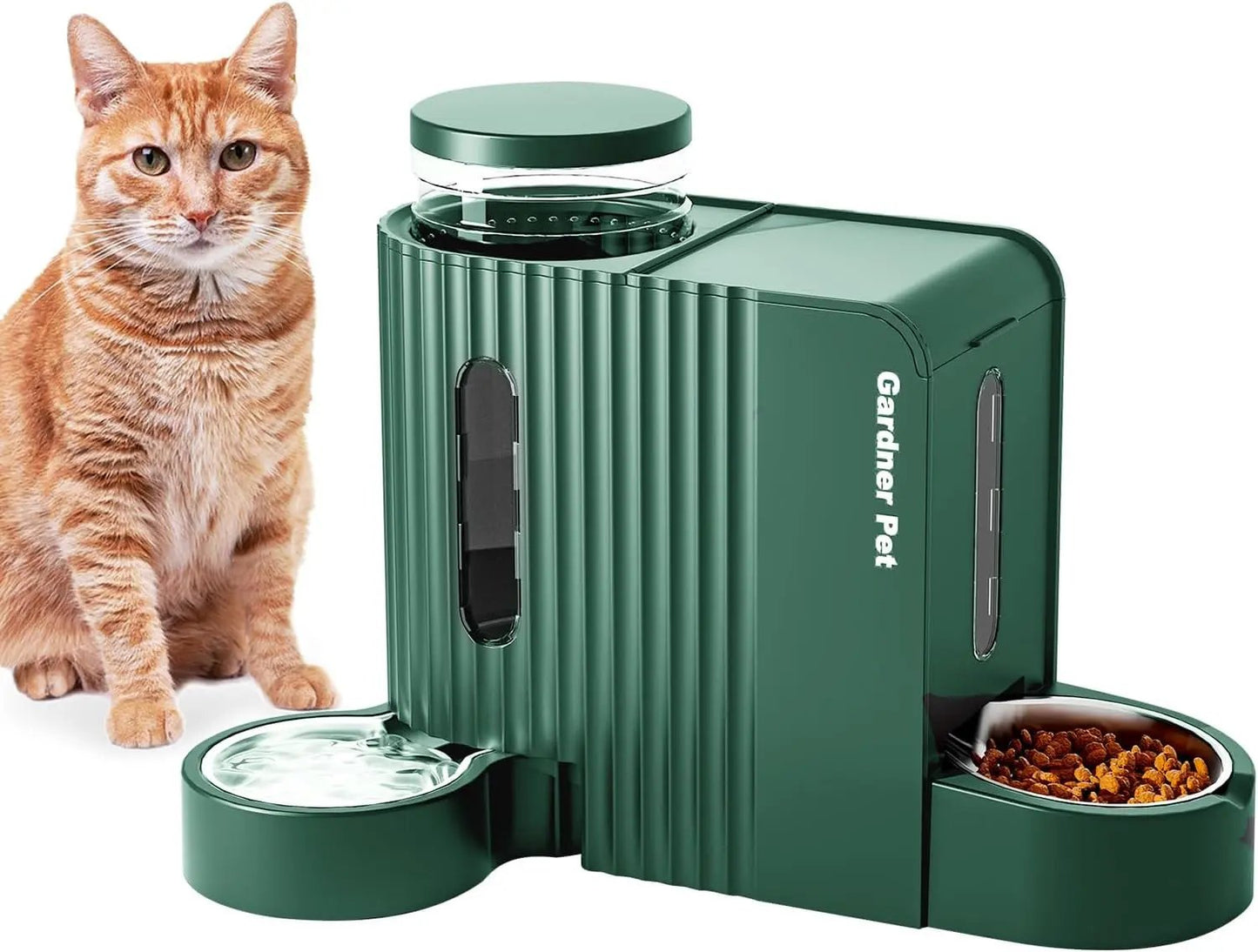 Gravity Pet Feeder & Water Dispenser Set with Stainless Steel Bowls Green Large (0.8 Gallon X 2)