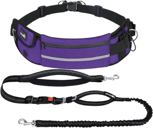 Hands Free Dog Leash Dual Bungee Adjustable Waist Belt Running Walking Purple 1 Dog