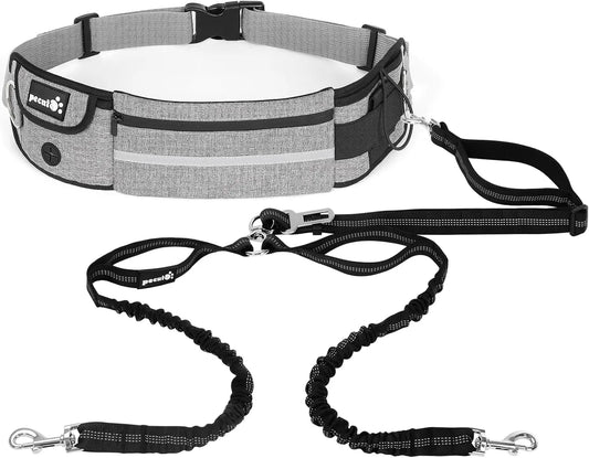 Hands Free Dog Leash Dual Bungee Adjustable Waist Belt Running Walking Gray-New 2 Dogs
