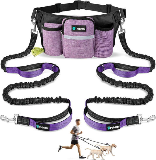 Hands Free Dog Leash Dual Bungee Waist Belt Adjustable Running Walking 2 Dogs Purple 2 Leashes